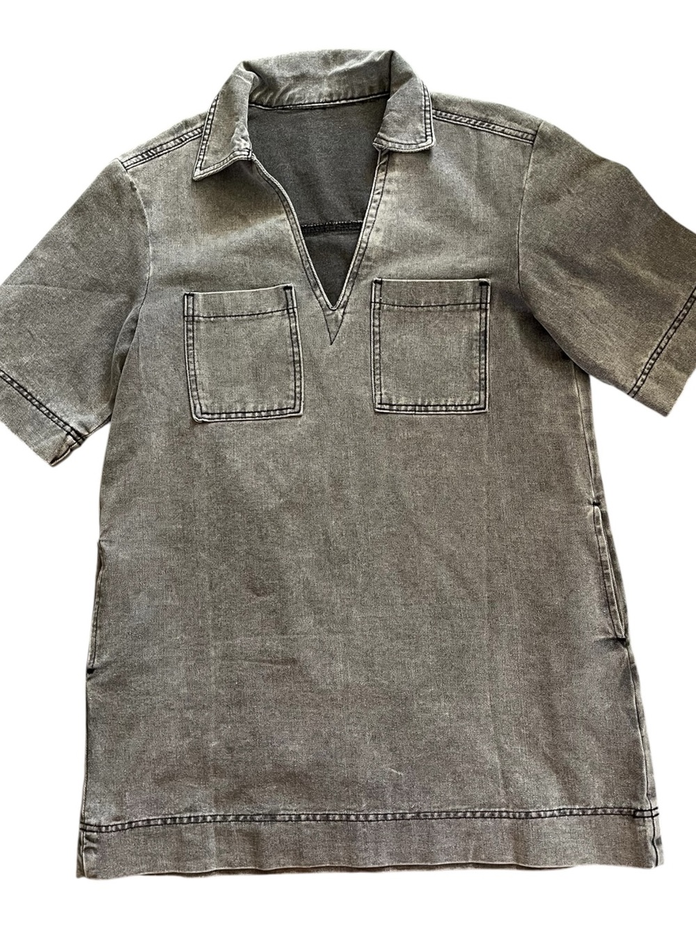 Washed Gray Short Sleeve V-Neck Tunic Dress pockets Size M 100% Cotton